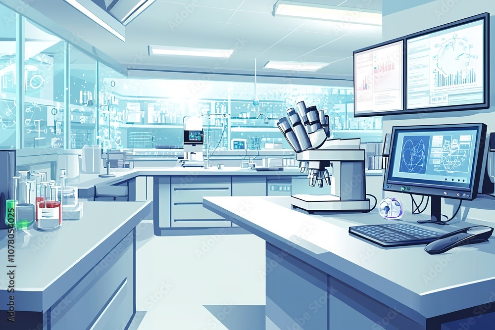 Modern lab interior with high-tech equipment and digital monitor