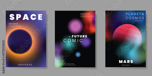 Planet and galaxy Space card vector set. Solar system with galaxy planets, asteroids, jupiter, saturn, mars, moon, ring line solar. Cosmic design for flyer, brochure, background, poster, cover.