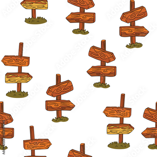 Seamless pattern with hand drawn road signs. Wooden signs with arrows. Nice design. Cartoon vector illustration for fabris, textile