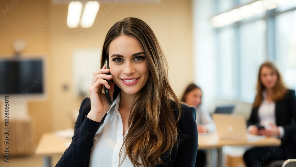 Professional Business Woman Smiling on Phone in Office Setting, Ideal for Marketing, Advertising, and Corporate Branding Materials Professional Business Woman Smiling on Phone in Office Setting, Ideal for Marketing, Advertising, and Corporate Branding Materials
