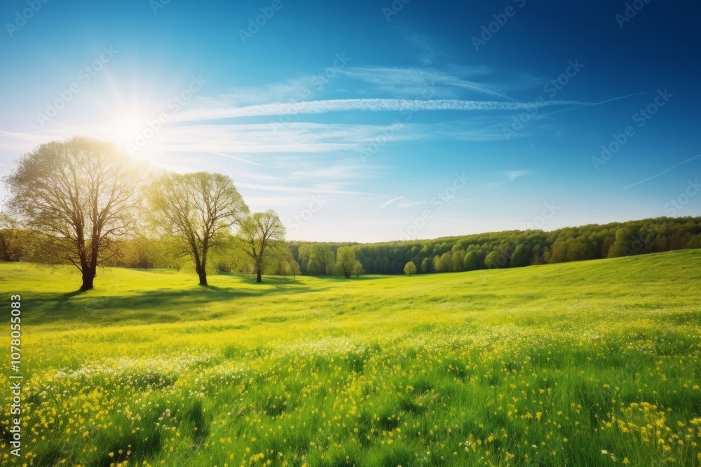 Obraz premium Sunny meadow with green grass and yellow flowers under a blue sky with white clouds. AI generative. .