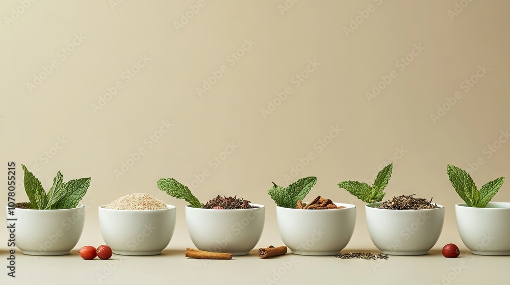 Fresh Herbs and Spices in White Bowls on Simple Backdrop Fresh Herbs and Spices in White Bowls on Simple Backdrop
