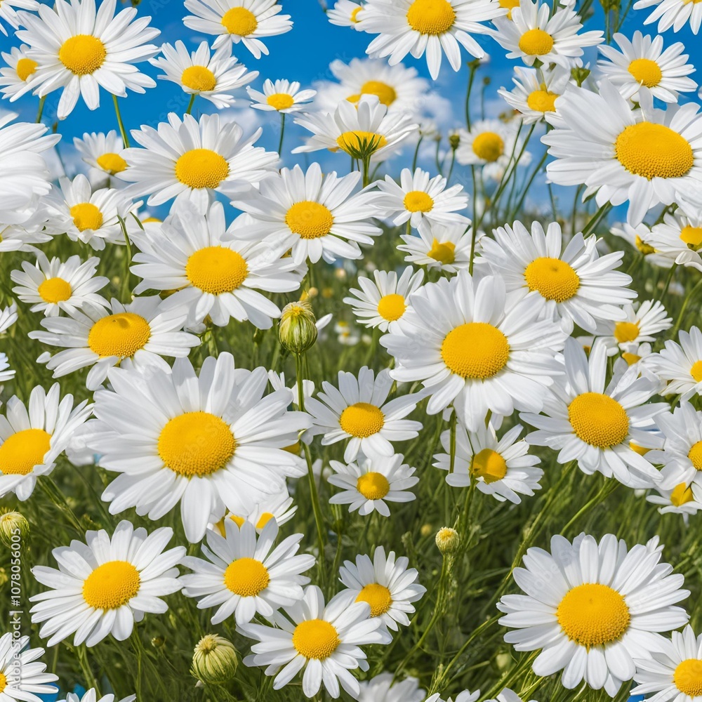 Field of Daisies under Clear Blue Sky with Soft Sunlight and Dreamy Atmosphere
Field of Daisies under Clear Blue Sky with Soft Sunlight and Dreamy Atmosphere