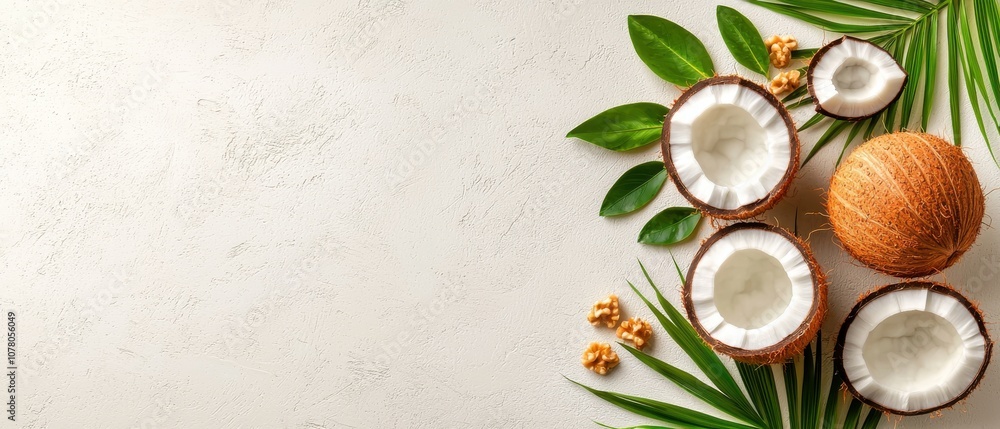 Fresh coconuts and palm leaves on a light background, perfect for tropical themes. Fresh coconuts and palm leaves on a light background, perfect for tropical themes.