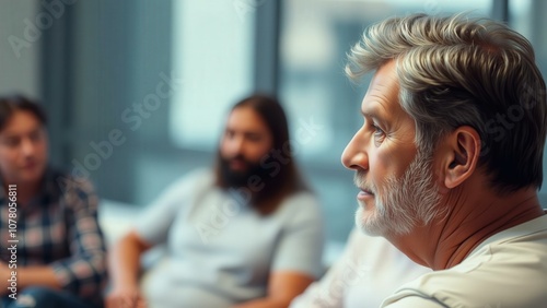 Reflective Senior Man in Group Therapy Session, Expressing Thoughtfulness and Emotional Connection