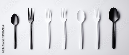 Minimalist cutlery arrangement featuring black and white forks and spoons.