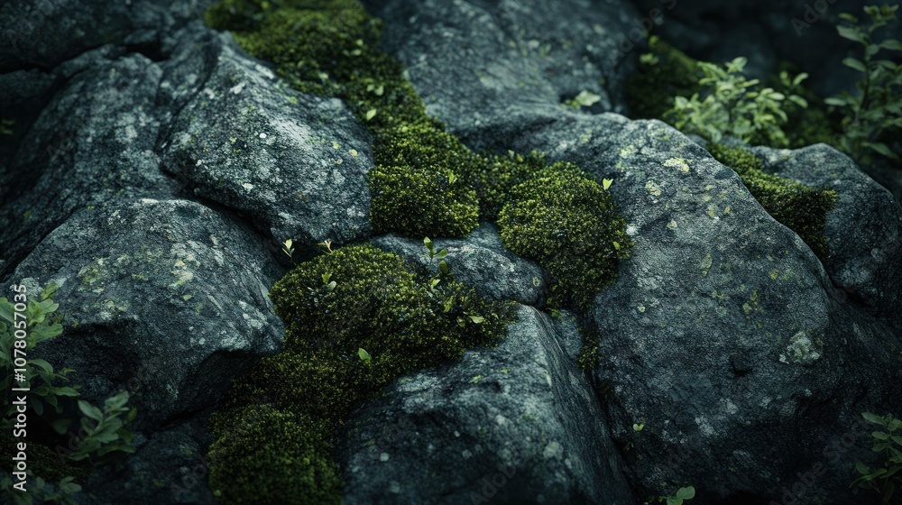 A close-up of rocky terrain covered in lush green moss, showcasing natural textures. A close-up of rocky terrain covered in lush green moss, showcasing natural textures.