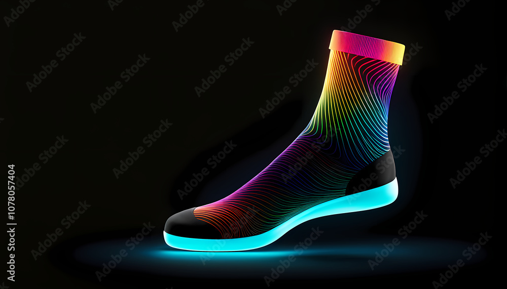 Einfach in Neon Farben gezeichneter leuchtender anschmiegsamer Schuh mit Heller Sohle vor dunklem Hintergrund Einfach in Neon Farben gezeichneter leuchtender anschmiegsamer Schuh mit Heller Sohle vor dunklem Hintergrund