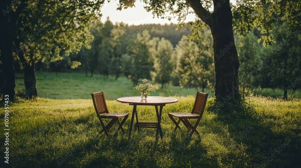 A serene outdoor setting with a table and two chairs surrounded by greenery. A serene outdoor setting with a table and two chairs surrounded by greenery.