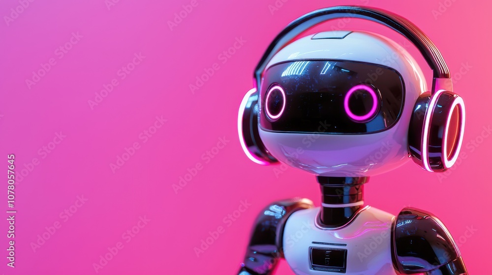 A futuristic robot with headphones against a vibrant pink background. A futuristic robot with headphones against a vibrant pink background.