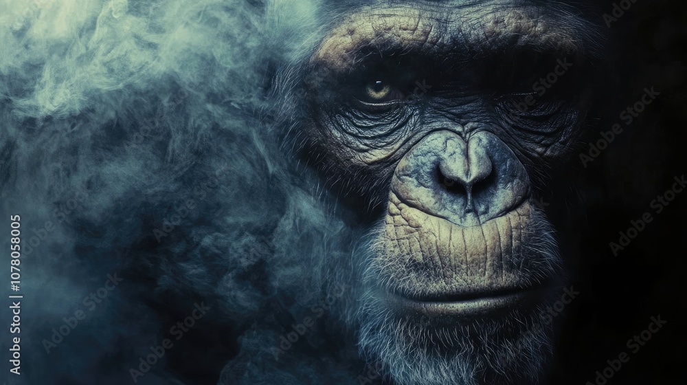 A close-up shot of a chimpanzee's face with swirling smoke in the background. A close-up shot of a chimpanzee's face with swirling smoke in the background.
