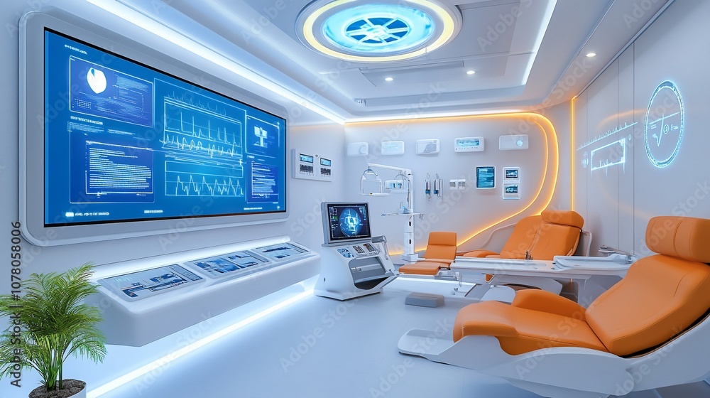 Futuristic medical examination room with advanced technology and comfortable seating. Futuristic medical examination room with advanced technology and comfortable seating.