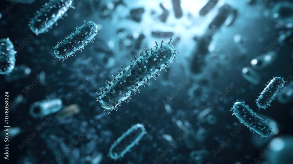Microscopic view of bacteria floating in blue liquid. Microbiology and infectious disease research concept Microscopic view of bacteria floating in blue liquid. Microbiology and infectious disease research concept