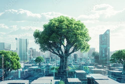 Lone tree in futuristic cityscape, symbolizing nature-tech harmo photo