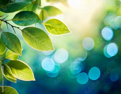 Fresh green leaves illuminated by sunlight against a dreamy turquoise bokeh background photo