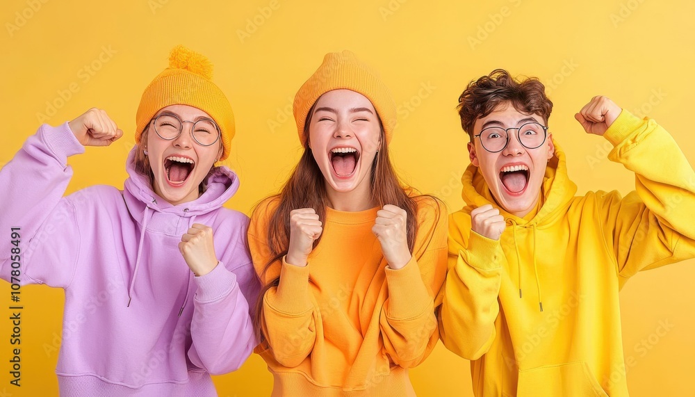 Three joyful friends celebrating together in colorful hoodies against a bright background. Three joyful friends celebrating together in colorful hoodies against a bright background.