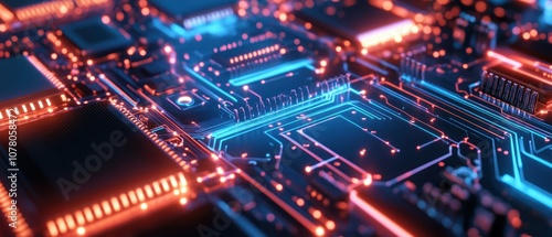 A close-up view of a futuristic circuit board with glowing connections and components.