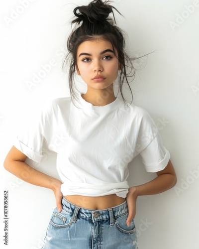 A powerful and exhausted model exudes confidence in casual women's fashion against a minimalist backdrop