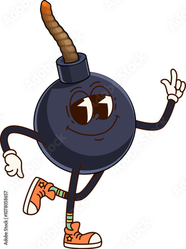 Groovy bomb with wick cartoon cute character. Dynamite, explosive or grenade comical cartoon isolated vector personage. Bomb with flaming wick cheerful funky character or groovy mascot