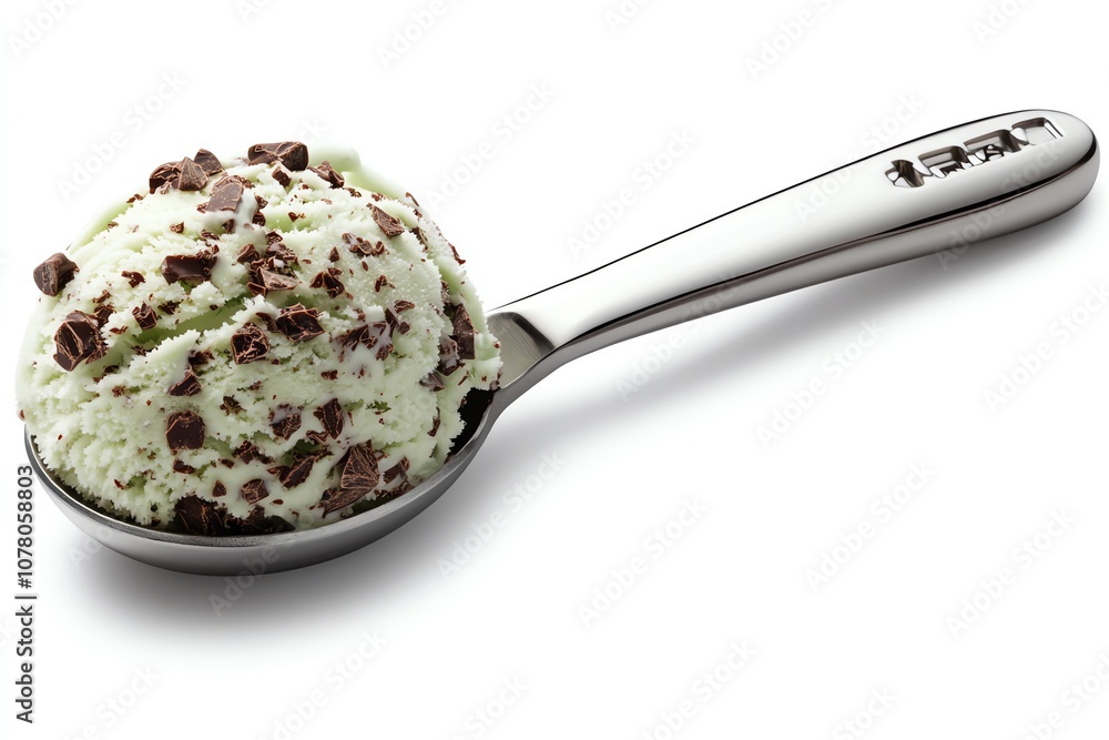 A single scoop of mint chocolate chip ice cream on a silver spoon, isolated on a white background. (1) A single scoop of mint chocolate chip ice cream on a silver spoon, isolated on a white background. (1)