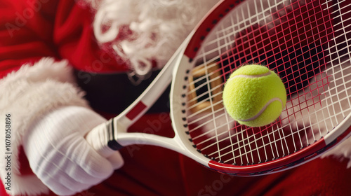 Santa Claus Playing Tennis with Racket and Ball Close-up of Santa Claus holding a tennis racket with a ball, blending holiday spirit with sports in a festive setting