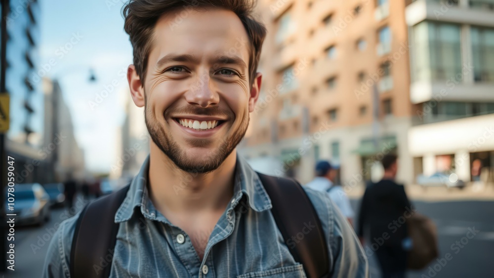 Happy Young Man Smiling in Urban Street Setting, Perfect for Advertising, Marketing, and Social Media Campaigns Happy Young Man Smiling in Urban Street Setting, Perfect for Advertising, Marketing, and Social Media Campaigns
