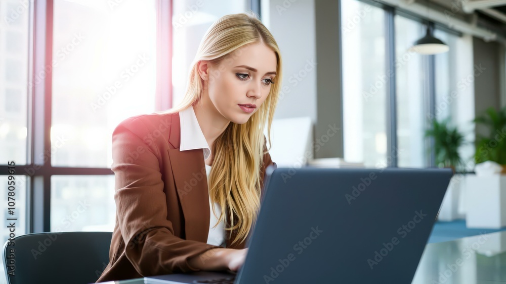 Professional Woman Working on Laptop in Modern Office Setting, Ideal for Business and Technology Websites Professional Woman Working on Laptop in Modern Office Setting, Ideal for Business and Technology Websites