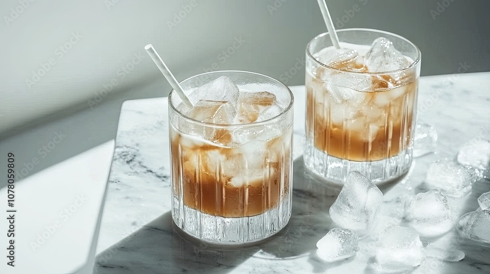 Refreshing Ice-Cold Beverages on a Marble Surface Refreshing Ice-Cold Beverages on a Marble Surface