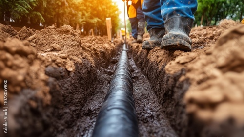 Plumber fixing water lines in a construction zone photo