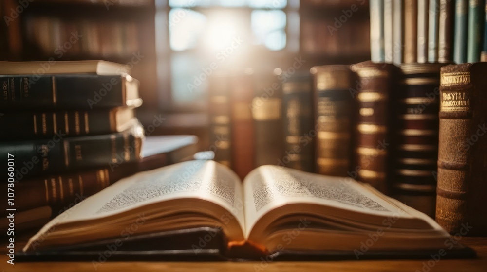 Fototapeta premium Open vintage book with sunlight in old library setting. Literature and education concept
