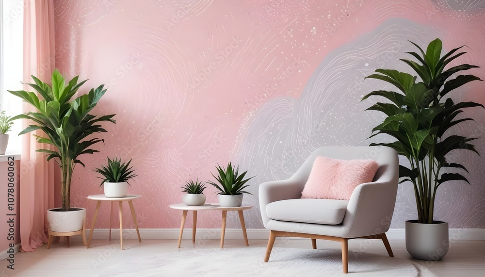 Fototapeta premium Scandinavian living room interior design zoom background,Doodle patterned wallpaper graphics