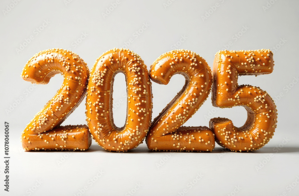 Festive 2025 donut numbers with sprinkles on a minimalist background, bun with sesame seeds Festive 2025 donut numbers with sprinkles on a minimalist background, bun with sesame seeds
