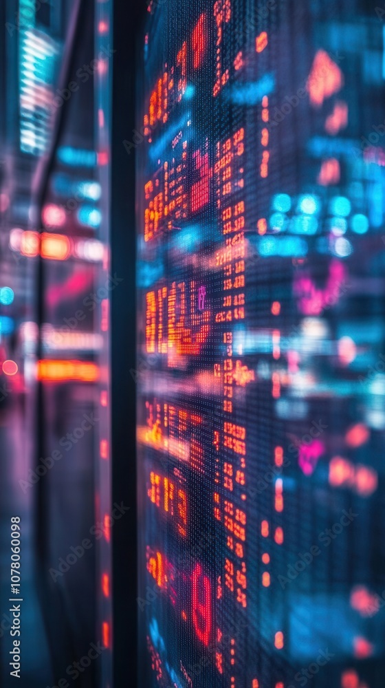 Abstract close-up of digital display board with glowing data and numbers, representing modern technology and information flow. Abstract close-up of digital display board with glowing data and numbers, representing modern technology and information flow.