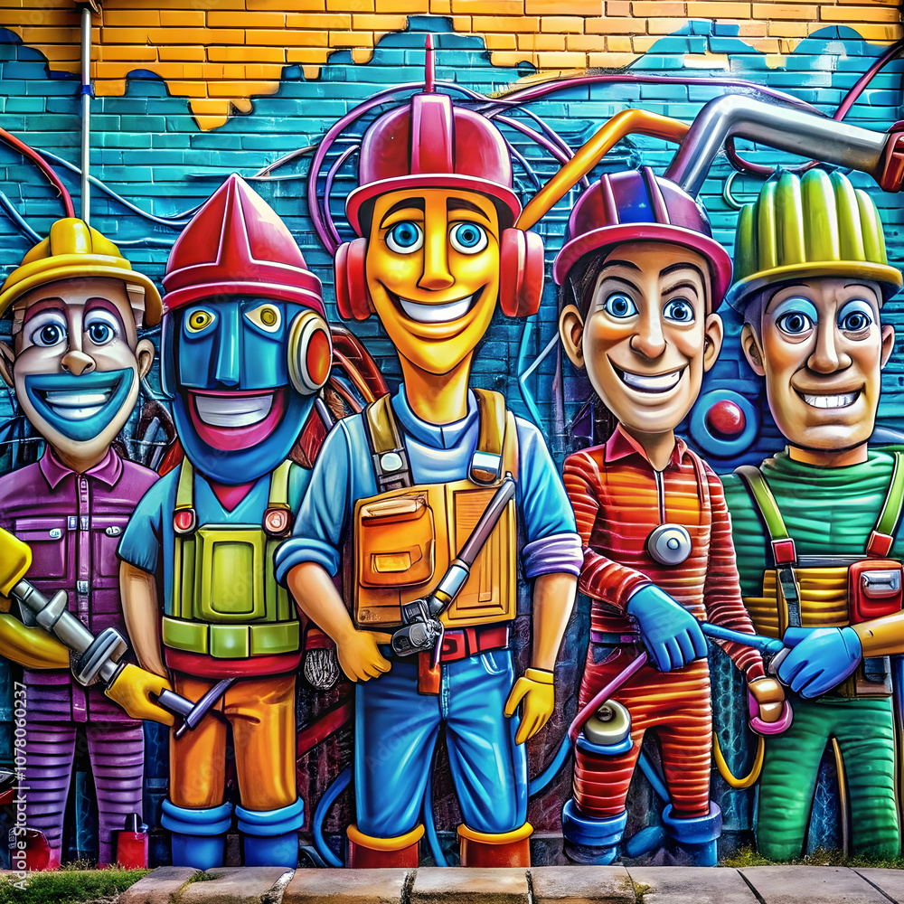 A vibrant street art mural showcases electrical tools. A vibrant street art mural showcases electrical tools.