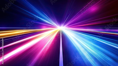 Empty night road illuminated by vibrant neon beams from passing cars  creating a dynamic atmosphere perfect for capturing the essence of night road photography. Abundant space for text.