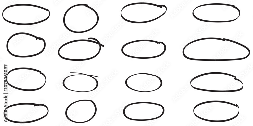 Set of hand drawn red doodle ellipses. Bright red scribble ovals and bubbles to circle and highlight text. Collection of different brush drawn black circles. Marker round elements isolated on white. Set of hand drawn red doodle ellipses. Bright red scribble ovals and bubbles to circle and highlight text. Collection of different brush drawn black circles. Marker round elements isolated on white.