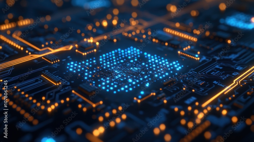 A close-up view of a circuit board with glowing blue and orange lights. A close-up view of a circuit board with glowing blue and orange lights.