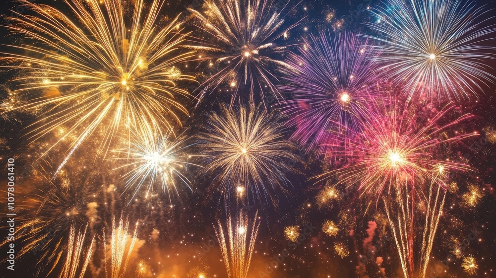 Naklejka premium Fiesta New Year fireworks create a vibrant night scene with dynamic colors and patterns. The fireworks light up the night sky, perfect for a countdown celebration, featuring ample copy space.