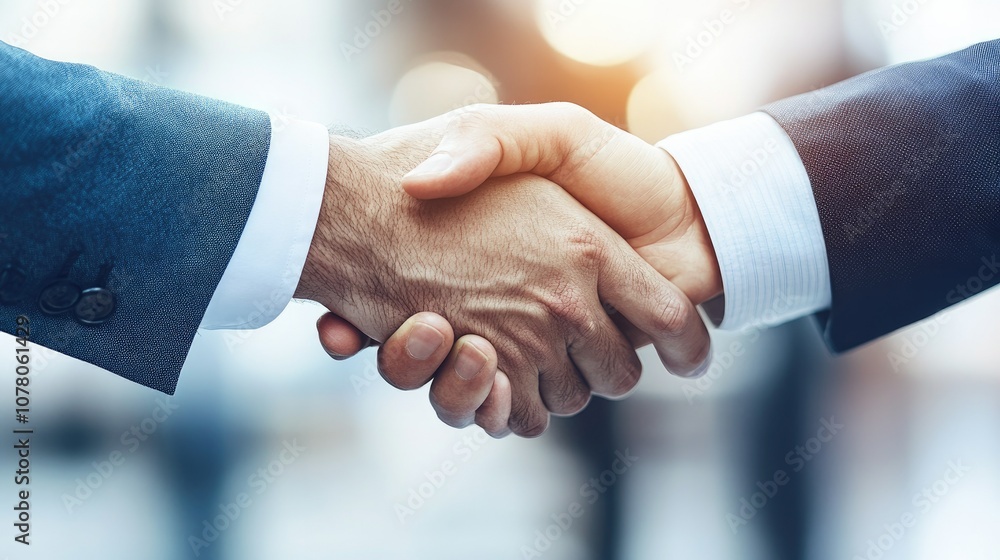 Friendly PR representative shaking hands with client, sealing a new partnership Friendly PR representative shaking hands with client, sealing a new partnership