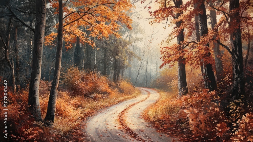Rural road winding through a stunning autumn forest, adorned with vibrant foliage. The scene captures the essence of a peaceful rural road amid natures autumn beauty, offering ample copy space. Rural road winding through a stunning autumn forest, adorned with vibrant foliage. The scene captures the essence of a peaceful rural road amid natures autumn beauty, offering ample copy space.
