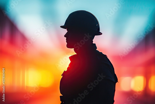 Silhouette of responder wearing helmet against vibrant sunset background, evoking sense of duty and resilience photo