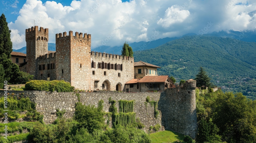 Grand castle with impressive walls, lush surroundings, sunny day Grand castle with impressive walls, lush surroundings, sunny day