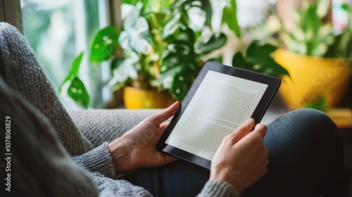 Grandparent reading from an e-reader with large font, embracing technology for leisure