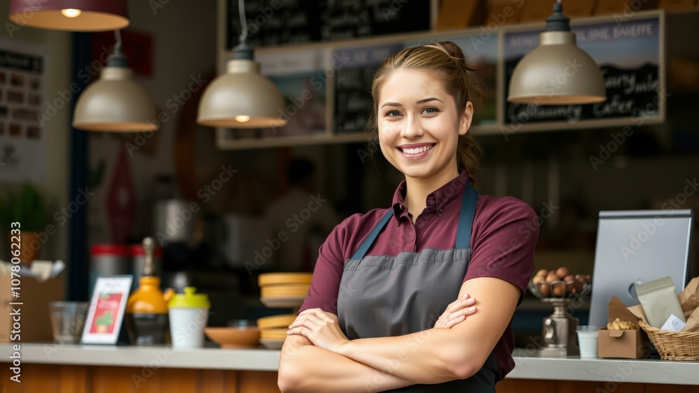 Fototapeta premium Happy Barista in Modern Cafe, Perfect for Restaurant Marketing, Cafe Branding, or Coffee Shop Promotions
