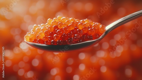 Red caviar on a slice of rye bread, isolated on a brushed aluminum surface with soft highlights