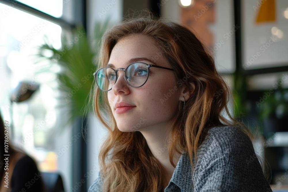 A young woman with wavy hair and glasses gazes out the window, deep in thought. The café features modern decor and lush greenery, creating a serene atmosphere A young woman with wavy hair and glasses gazes out the window, deep in thought. The café features modern decor and lush greenery, creating a serene atmosphere