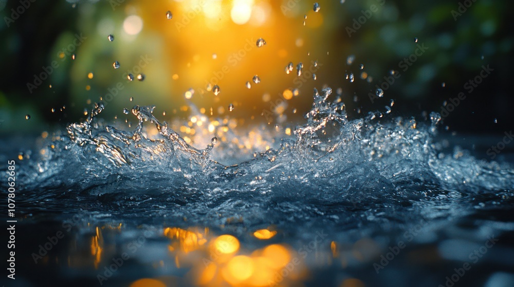 Water droplets splashing in a pond at sunset. Water droplets splashing in a pond at sunset.