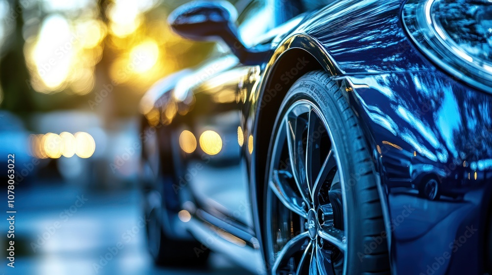 Fototapeta premium A close-up view of a sleek car's wheel with a blurred background and sunset lighting.