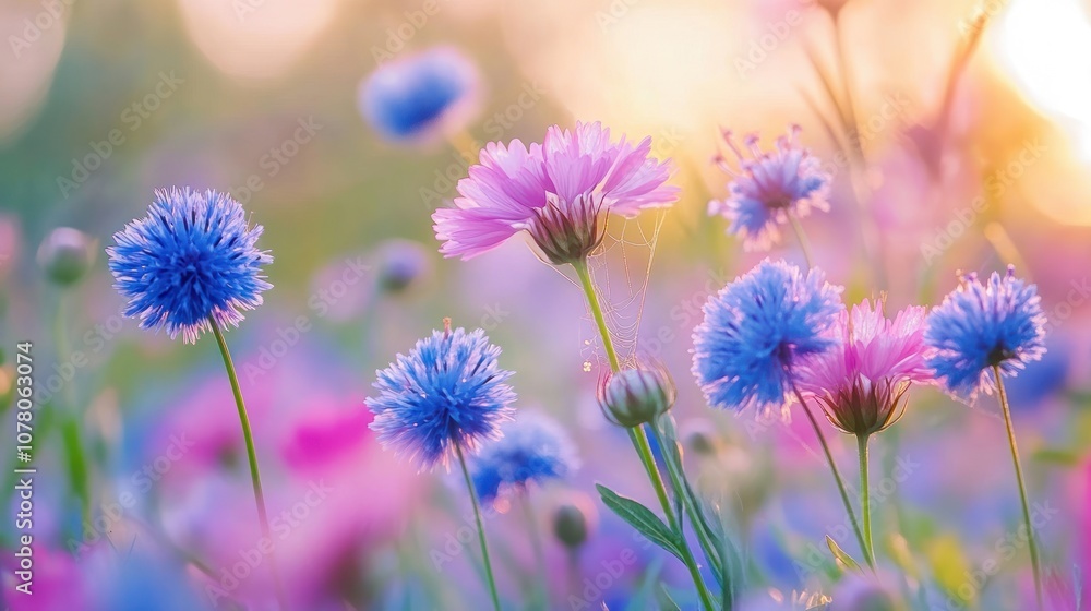 A vibrant field of colorful flowers illuminated by soft sunlight. A vibrant field of colorful flowers illuminated by soft sunlight.