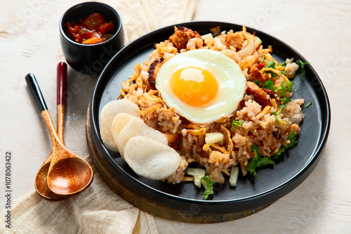 Nasi goreng- Indonesian fried rice with fried egg. photo